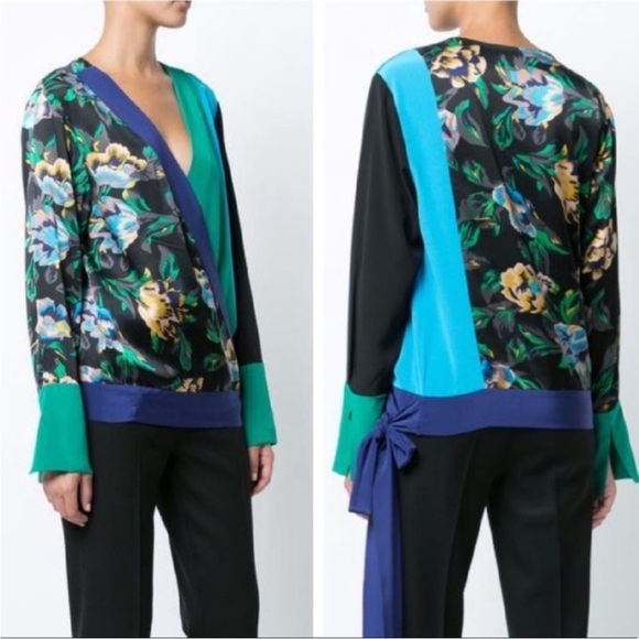 Diane Von Furstenberg 100% Silk Crossover Tie Blouse Blue Green Black Floral - Picture 2 of 15